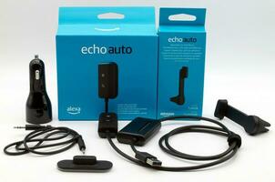 Bologna  Italy  July 16, 2023 Amazon Echo Auto. Adjustable car vent mount. Alexa, virtual assistant AI in your car. photo