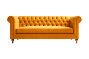 Sofa Deko Stil im Orange isoliert auf transparent Hintergrund. Vorderseite Sicht. Serie von Möbel. ai generiert png