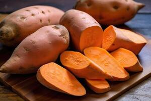 stock photo of sweet potato in kitchen table flat lay