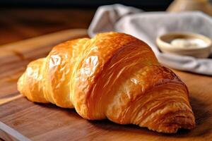 stock photo of croissant in kitchen table flat lay