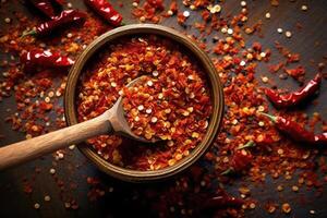 stock photo chilli flakes in kitchen table AI Generated