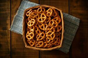 valores foto de pretzels en cocina mesa plano laico ai generado