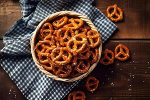 stock photo of pretzels in kitchen table flat lay AI Generated