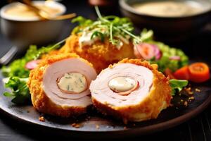 chicken cordon bleu in The kitchen table Food Photography AI Generated photo