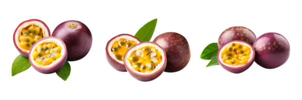 Fresh passion fruit with green leaves isolated on transparent background. ai generated png