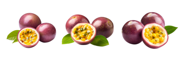 Fresh passion fruit with green leaves isolated on transparent background. ai generated png