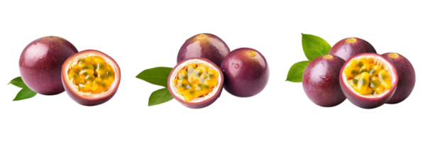 Fresh passion fruit with green leaves isolated on transparent background. ai generated png