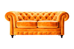 Sofa deco style in orange isolated on transparent background. Front view. Series of furniture. png