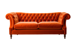 Sofa Deko Stil im Orange isoliert auf transparent Hintergrund. Vorderseite Sicht. Serie von Möbel. ai generiert png