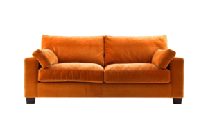 Sofa Deko Stil im Orange isoliert auf transparent Hintergrund. Vorderseite Sicht. Serie von Möbel. ai generiert png