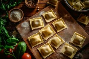 Ravioles en el cocina mesa comida fotografía ai generado foto