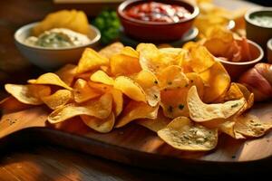 chips and dips in the kitchen table Food Photography AI Generated photo