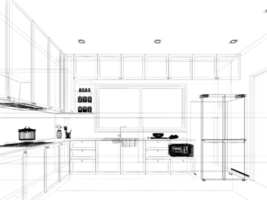 abstrakt skiss design av kök rum, 3d tolkning png