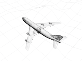 3D rendering wireframe of airplane flies over a sea png