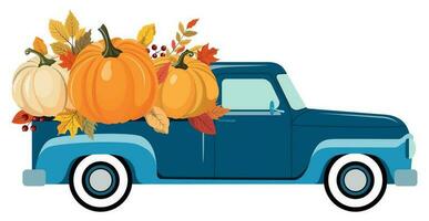 Blue pickup truck with colorful fall pumpkins. Happy Thanksgiving, Harvest season design. Vector illustration. Isolated on white background.