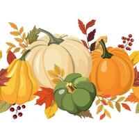 Colorful autumn pumpkins, forest leaves and berries horizontal seamless border. Isolated on white background. Seasonal fall banner design for greeting or promotion. vector