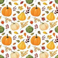 Autumn seamless pattern with colorful pumpkins, forest leaves and red berries. Vector illustration. Isolated on white background. Fall harvest, Thanksgiving wallpaper.