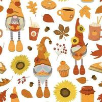 otoño cosecha sin costura modelo con dibujos animados gnomos, calabazas, pasteles, caliente bebidas, seco hojas aislado en blanco antecedentes. linda otoño festival diseño para fondo de pantalla, envase, digital papel. vector