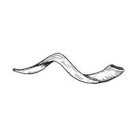 Vector long shofar horn for Rosh Hashanah and Yom Kippur graphic illustration. Jewish new year symbol in sketch black and white style for greeting cards and invitations