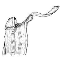 Vector Jewish man in tallit blowing shofar on Yom Kippur and Rosh Hashanah holidays black and white graphic illustration