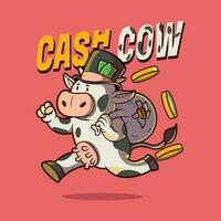 Cow character running with money vector illustration. Finance, funny, brand design concept.