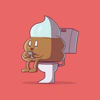 Poop emoji character seated on the toilet vector illustration. Funny, communication design concept.