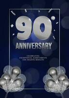 Anniversary celebration flyer silver numbers dark background design with realistic balloons 90 vector