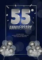 Anniversary celebration flyer silver numbers dark background design with realistic balloons 55 vector