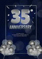 Anniversary celebration flyer silver numbers dark background design with realistic balloons 35 vector