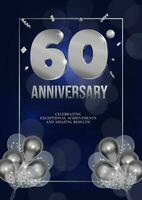 Anniversary celebration flyer silver numbers dark background design with realistic balloons 60 vector