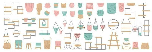 Hand drawn indoor house pots  and shelves decor collection. vector