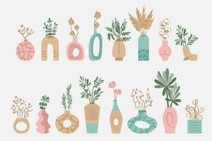 Hand drawn indoor house pots  and vases flower decor collection. vector
