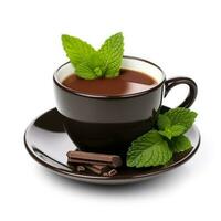 Chocolate mint tea in a black cup isolated on white background photo