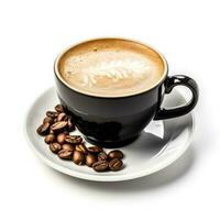 Hazelnut cappuccino in a black cup isolated on white background photo