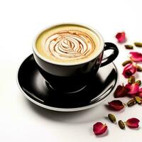 Pistachio rose latte in a black cup isolated on white background photo