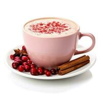 Cranberry cinnamon latte in a cranberry and cinnamon-colored cup isolated on white background photo