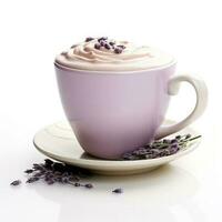 Vanilla lavender hot chocolate in a vanilla bean and lavender-colored cup isolated on white background photo