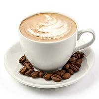 Chocolate hazelnut latte in a white cup isolated on white background photo