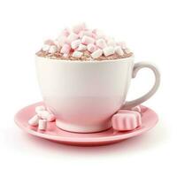 Peppermint marshmallow hot cocoa in a peppermint and marshmallow-patterned cup isolated on white background photo