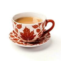 Maple pecan coffee in a maple leaf-patterned cup isolated on white background photo