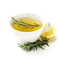 Rosemary lemon tea in a rosemary and lemon-colored cup isolated on white background photo