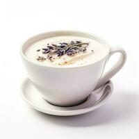 Lavender white hot chocolate in a lavender-patterned white cup isolated on white background photo