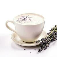 Vanilla lavender hot chocolate in a vanilla bean and lavender-colored cup isolated on white background photo