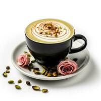 Pistachio rose latte in a black cup isolated on white background photo