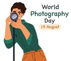 World Photography Day 19 August. Man using camera. Photographers professional holiday poster or greeting card design. Leaflet, poster, banner, postcard. Vector Illustration