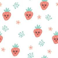 Strawberry character seamless pattern. Strawberry with smiley face and flowers. Creative texture for fabric, packaging, textiles, wallpaper, clothing. Vector illustration for kids. Cute fruit