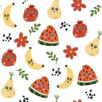 frutas caracteres sin costura modelo. dibujos animados de moda frutas sandía, banana, granada y pera. creativo textura para tela, embalaje, textiles, fondo de pantalla, ropa. vector ilustración