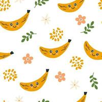 Banana character seamless pattern. Banana with smiley face and flowers. Creative texture for fabric, packaging, textiles, wallpaper, clothing. Vector illustration for kids. Cute fruit background