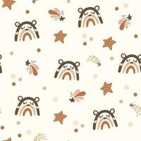 Vector hand-drawn color seamless childish simple pattern for kids with cute rainbows and stars in Scandinavian style on a pastel background. Baby pattern with night sky. Fabric design. Wallpaper.