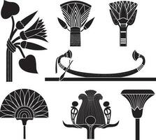 Vector black monochrome set of ancient Egyptian signs and symbols. Lotus flower